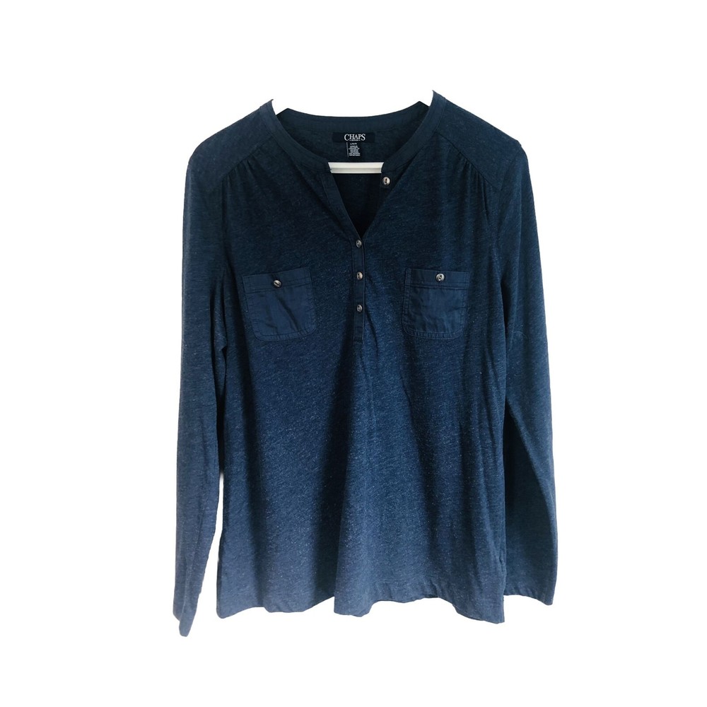 Chaps Denim Womens Blue Henley Neck 3/4 Sleeve Dual Pockets T Shirt Size Large
